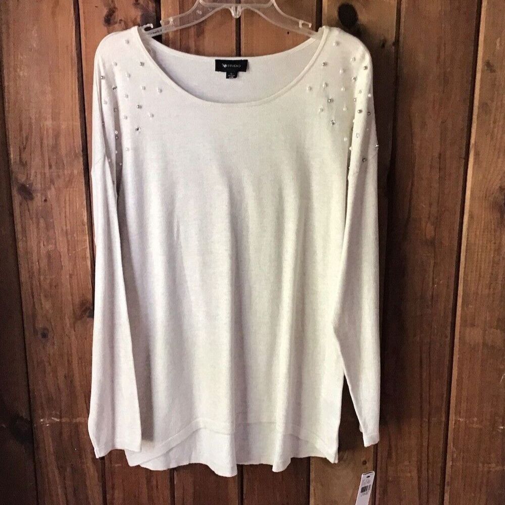 AB Studio Womens Cream Beaded Knit Top Size L Cotton Blend Soft NWT